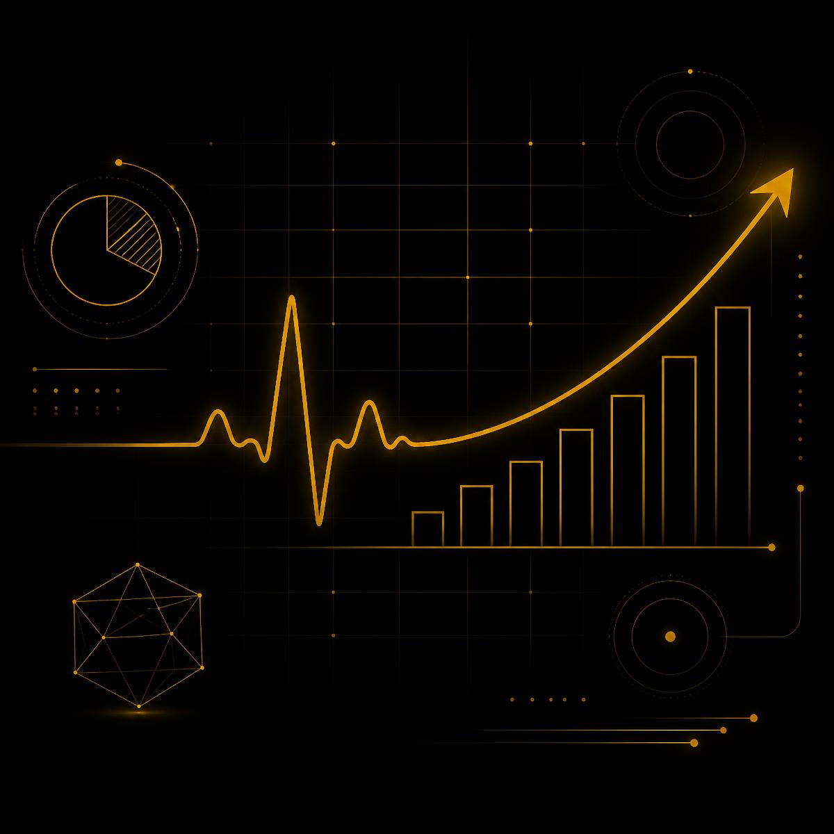 Abstract gold line-art dashboard showing patient growth analytics
